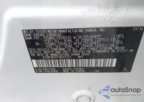 2015 Toyota Rav4 Xle z USA, uszkodzony, nr VIN 2T3RFREV7FW257272